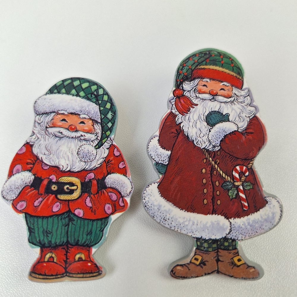 2 Vintage Santa Clause Pins Wooden Christmas Season Holiday 2.5" & 3" Taiwan